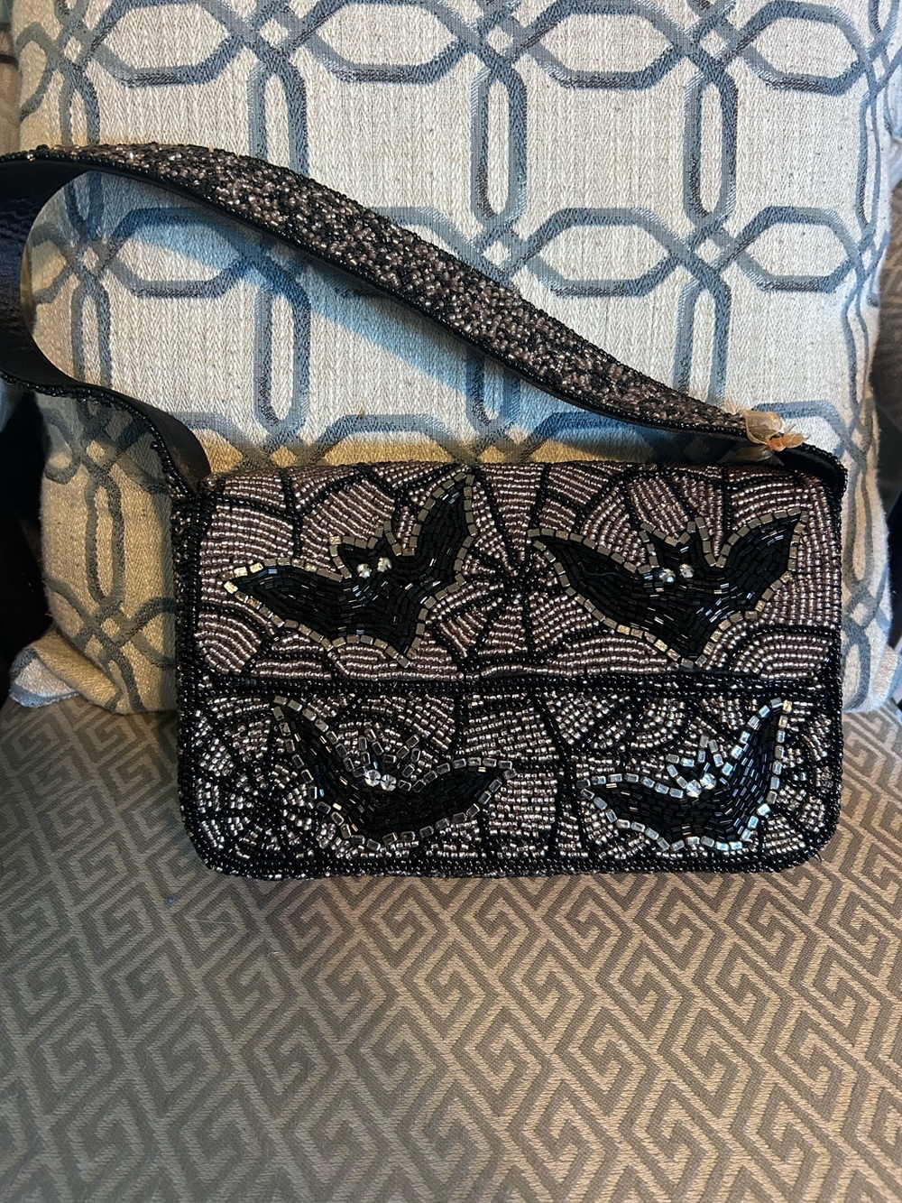 Viral Beaded Bat-Accent Shoulder  Bag - Black Silver